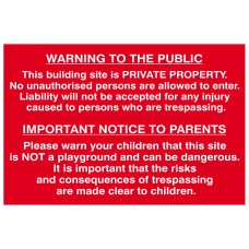 Scan Building Site Warning to Public & Parents - PVC Sign 600 x 400mm SCA4251